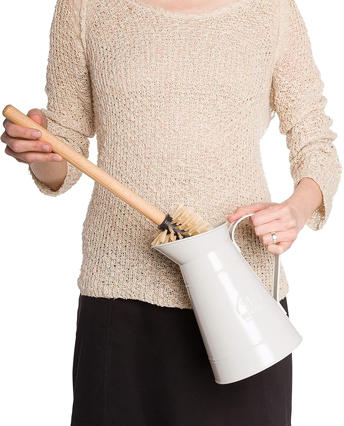 Redecker White Coated Metal Toilet Brush Set with High Grade Nylon Toilet Brush with Oiled Beechwood Handle Replaceable Head Vintage Design with Handle and Spout Made in Germany