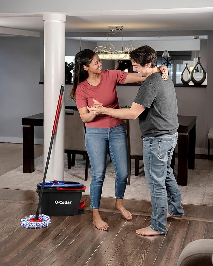 O-Cedar EasyWring RinseClean Microfiber Spin Mop &amp Bucket Floor Cleaning System with 3 Extra Refills Plastic Grey