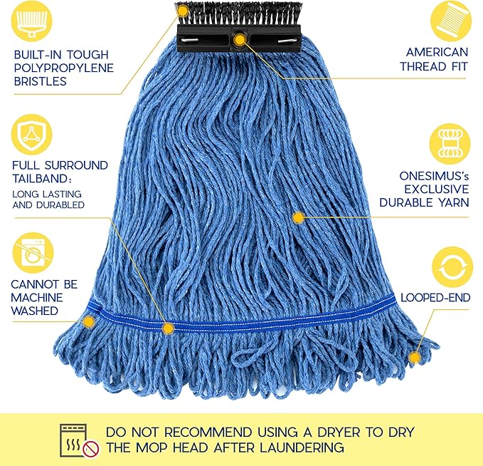 ONESIMUS Large Heavy-Duty Commercial Mop Head Replacement – Screw-On Wet Industrial Cotton Looped String Refill with Built-in Tough Polypropylene Bristle Brush for Floor Cleaning (Blue 6 Pack)