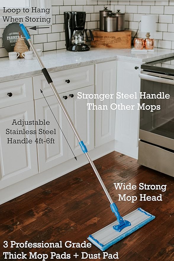 Zflow 18 Professional Microfiber Mop - Commercial Stainless Steel Handle with Microfiber Dust Pad + 3 Wet Pads