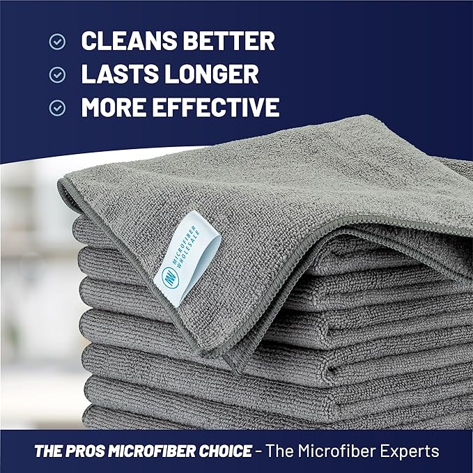 MW Pro Microfiber Cleaning Cloth | Gray | 12 Pack | 16” x 16” | All Purpose Microfiber Towels - Clean Dust Polish Scrub Absorbent