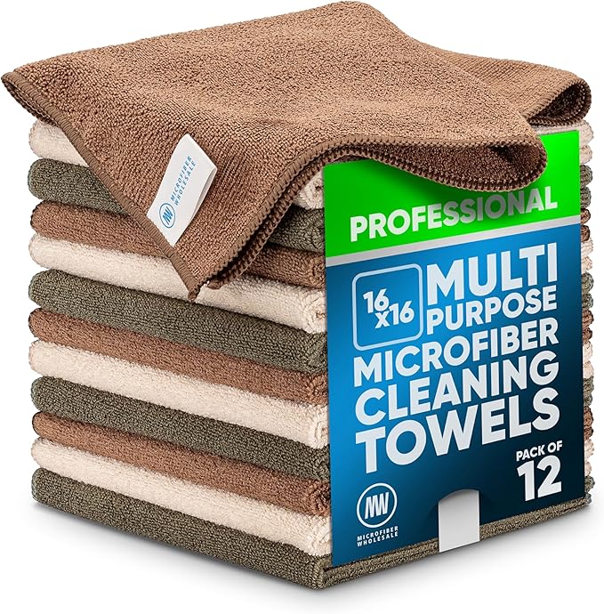 MW Pro Multi-Surface Microfiber Towel – Sand Olive Tan 12 Pack |16x16 Premium Cleaning Cloth | Clean Dust Polish Absorb | Large