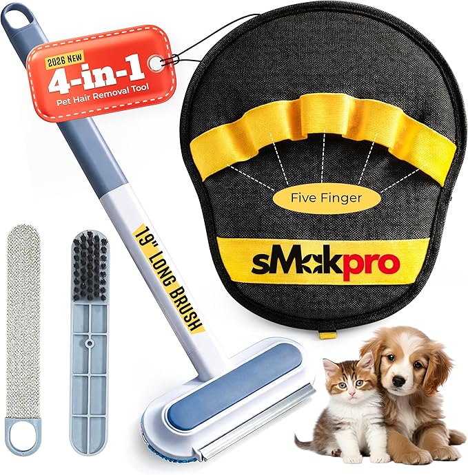 Pet Hair Removal Tool for Dogs &amp Cats (19 Long Brush + Gloves) Electrostatic Reusable Pet Hair Remover Five Finger Magic Brush with Adjustable Handle for Couch Carpet Bedding Clothes