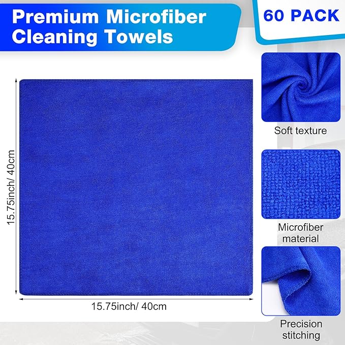 Nuenen Microfiber Cleaning Cloths for Cars 16 x 16 Inch Ultra Absorbent Car Towels Drying Reusable Cleaning Supplies House Kitchen Window Microfiber Towel(Blue60 Count)