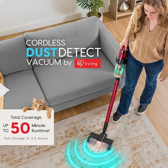 Cordless Vacuum Cleaner 11-inch Powerhead Self-Standing Design Fast Charging 50-Minute Runtime LED Dust Sensor Red