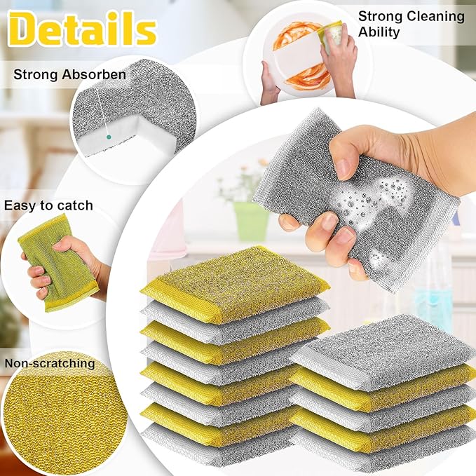 Thyle 24 Pack Steel Scrub Sponges for Dishes Non Scratch Scouring Sponge Multi Use Metal Scrubber Heavy Duty Dish Wash Kitchen Sponge for Pot Dish Washing Hard Surface Cleaning Tools (GrayYellow)