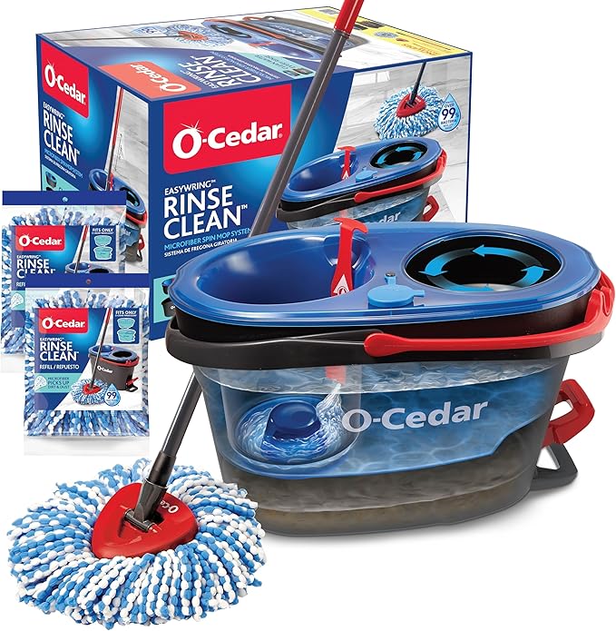 O-Cedar RinseClean Spin Mop &amp Bucket System + 2 Extra Mop Heads| Clean with Water | Removes 99% of Bacteria