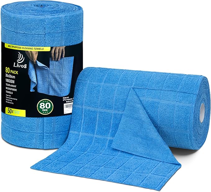 LIVOS Microfiber Cleaning Cloth Roll - 80 Pack Reusable Paper Towels Microfiber Towels for Cars Super Absorbent Lint Free Cleaning Rags for House Kitchen Window-Check Blue 11.5x11.5