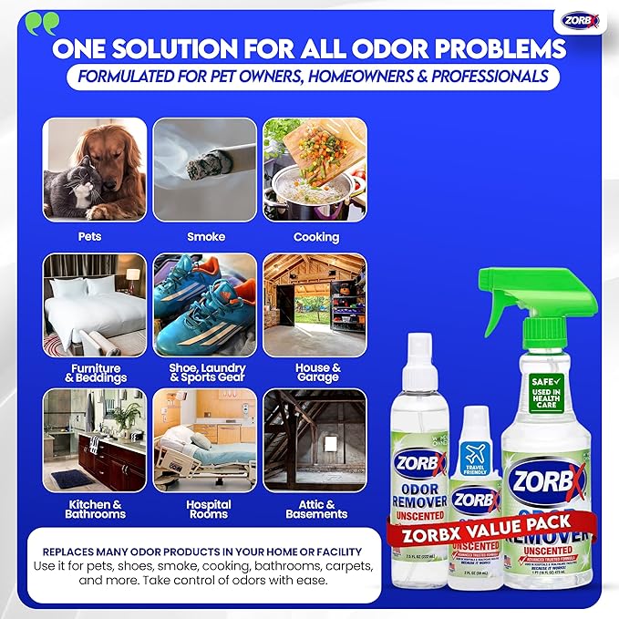 ZORBX Unscented Odor Eliminator for Strong Odor 3 items Bundle: 16 Oz + 7.5 Oz + 2 Oz - Used in Hospitals &amp Healthcare Facilities - Fast-Acting Odor Remover Spray for Dog Cat House &amp Carpet
