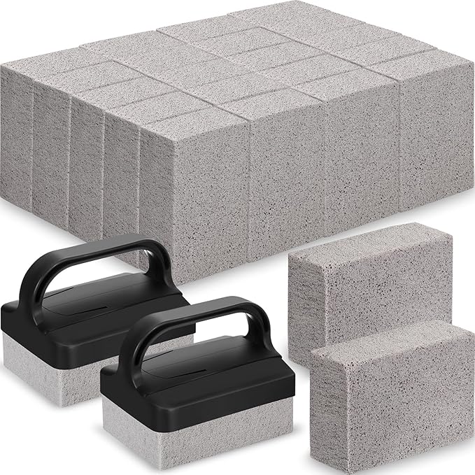 Dunzy 26 Pack Grill Griddle Cleaning Brick Block Pumice Stones Scrubbing Grill Cleaning Stone Griddle Scrubber Cleaner with Handle for Outdoor BBQ Flat Top Cookers Removing Greases Stains
