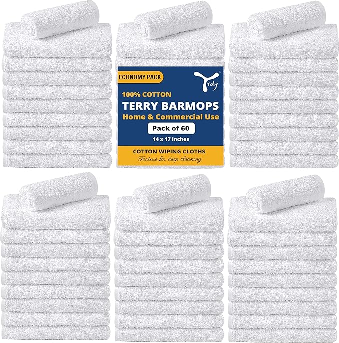 Terry Bar Mop Towels (Pack of 60) – Absorbent and Quick Drying Commercial-Grade Cotton Cleaning Towels Cleaning Rags for Kitchen Bar – Reusable Shop Rags 14”x17” White