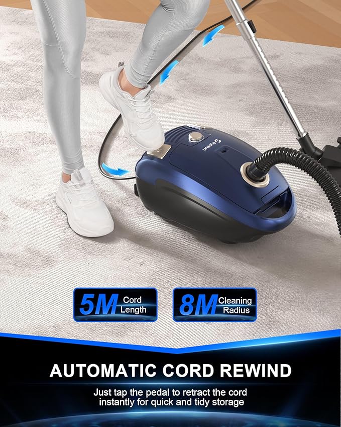 Bagged Canister Vacuum Cleaner1400W Powerful High-Suction Bagged Canister Vac with 3.7QT Dust BagsPop-N-Go BrushHEPA FilterDual Motors&amp4 Cleaning ToolsPerfect for Low-Pile Carpets&ampHard Fl