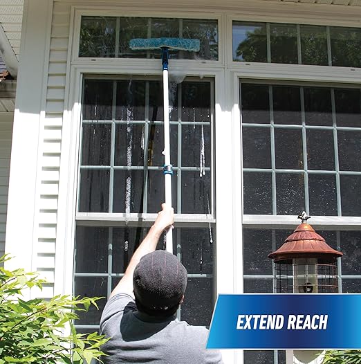 Unger Professional Connect and Clean Total Pro Cleaning Kit All-in-One Household Window Washing with Streak-Free Results Includes 12” Squeegee 14” Scrubber Washer Telescopic Pole Extends Up to 6’