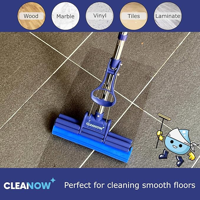 OneTouch GO! Floor Cleaner Wring Mop Cleaning Tool with Wringing Function - Sponge mop for Cleaning Floors- with PVA Sponge and Stainless Steel mop Handle
