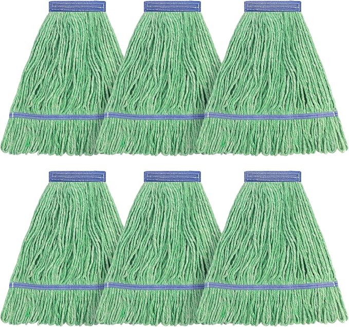 Matthew Cleaning Heavy Duty Mop Head Commercial Replacement for General and Floor Cleaning  Wet Industrial Blue Cotton Looped End String Head Refill (Pack of 6) Green