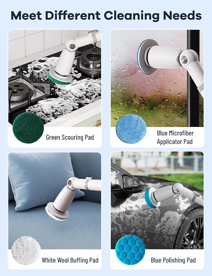 Electric Spin ScrubberFloor Power Scrubber with Long Handle Dual SpeedsCleaning Brush CordlessShower Scrubber Scrub Brush with 3 Adjustable Angles8 Brush Heads for Bathroom Tile