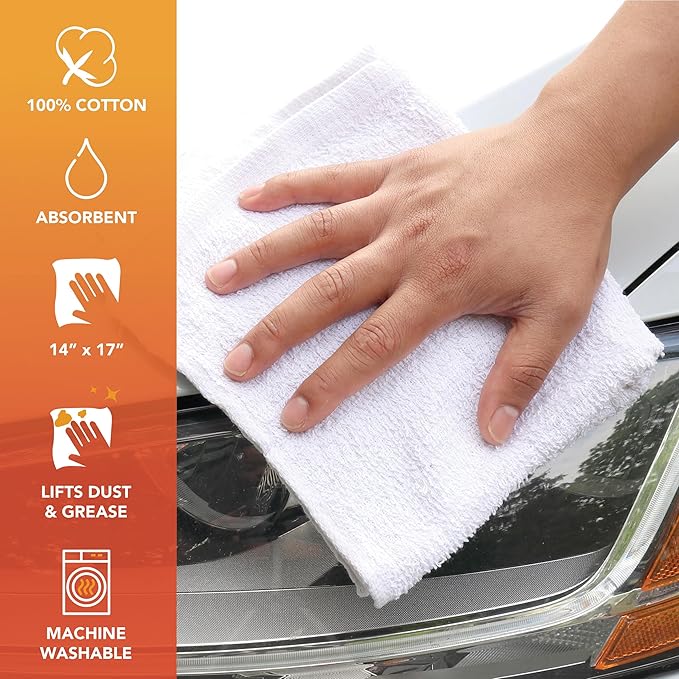 Arkwright TT60 Terry Cloth Rags Pack of 60 100% Cotton Cleaning Towels for Kitchen Auto Shop and Bar Use Absorbent Machine Washable 14 x 17 in White