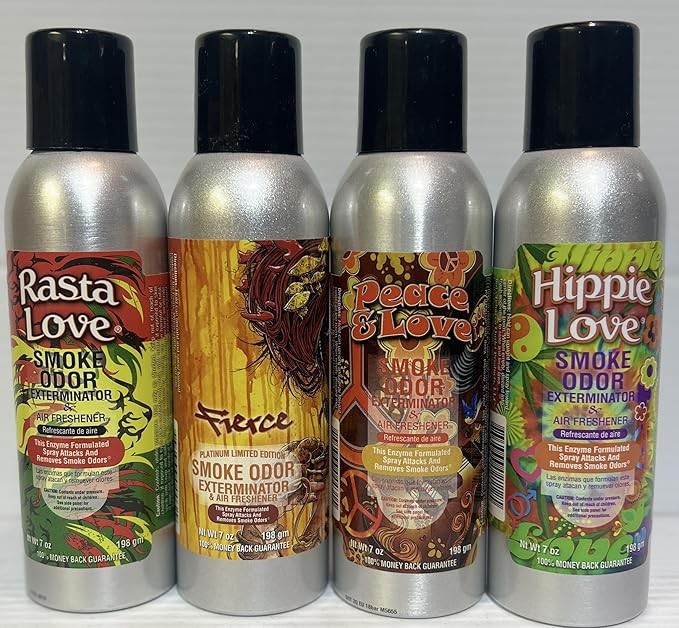 Smoke Odor Exterminator 198 gm/ 7 oz Large Spray Rasta Love Set of Four Cans. Assortment (4) Includes Rasta Love Fierce Hippie Love and Peace &amp Love.