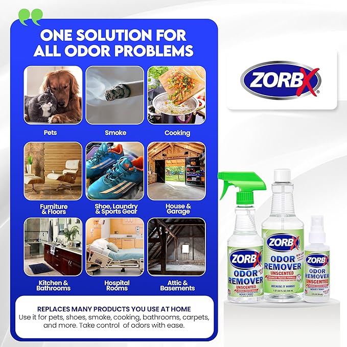 ZORBX Unscented Multipurpose Odor Eliminator 3 items Bundle: 2 Oz + 16 Oz + 32 Oz - Used in Hospitals &amp Healthcare Facilities - Advanced Trusted Formula - Perfect Bundle to Get Rid of Unpleasant O