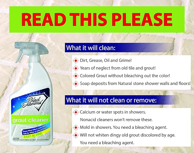 Black Diamond Stoneworks ULTIMATE GROUT CLEANER: Best Cleaner for Tile Ceramic Porcelain Marble Acid-free Safe Deep Cleaner &amp Stain Remover for Even the Dirtiest Grout. (1-Quart/1-Brush/ 1-Gall