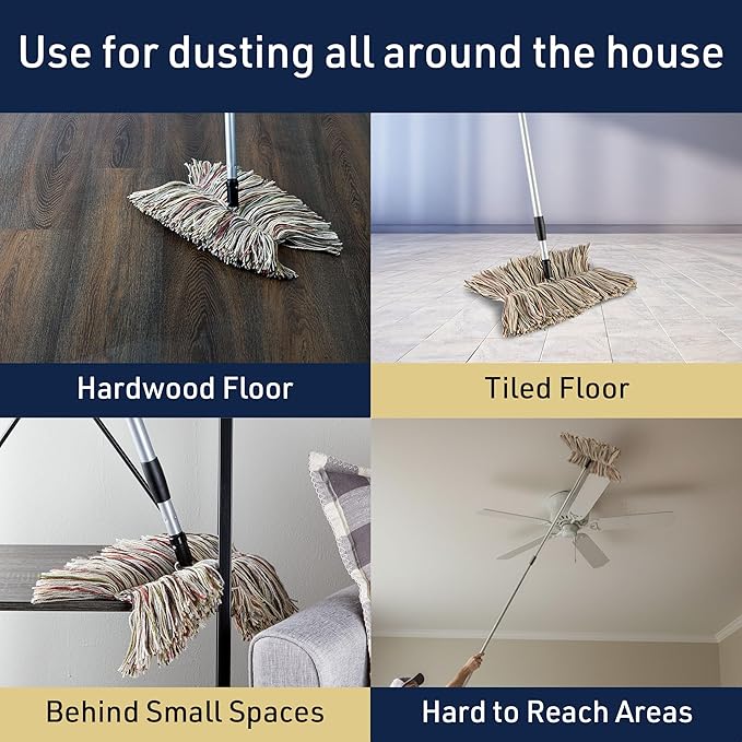 Dust Mop for Hardwood Floors - Extendable Duster Wand with 59” Long Telescoping Handle and Washable Wool Floor Mop Head - Long Dusters for Cleaning - Household Cleaning Tools by Kings County Tools