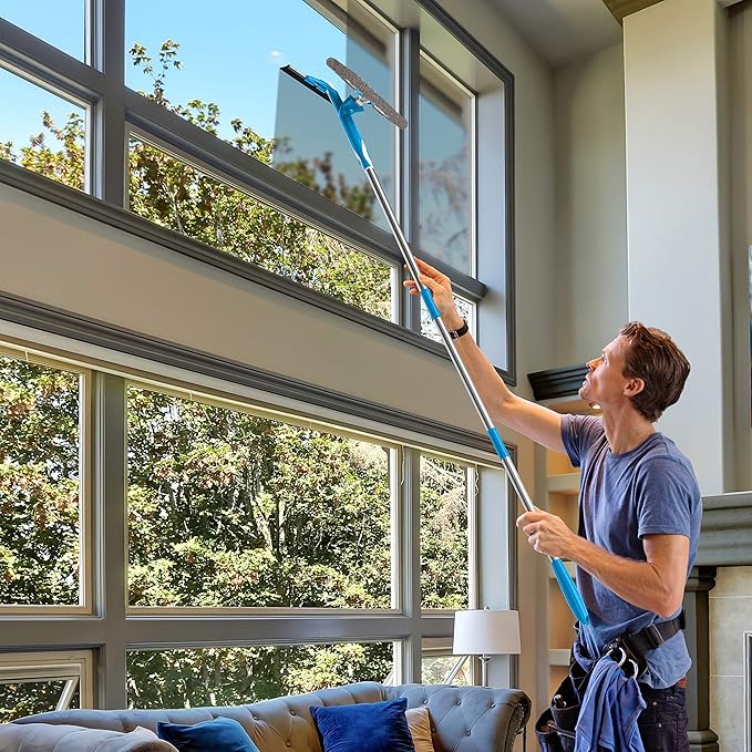 SCRUBIT Extendable Squeegee Window Cleaner- Window Cleaning Tool with Microfiber Scrubber &amp Spray Head - 58 Long Extension Pole for High Windows and Outdoor Glass Washing - Shower Cleaning Kit