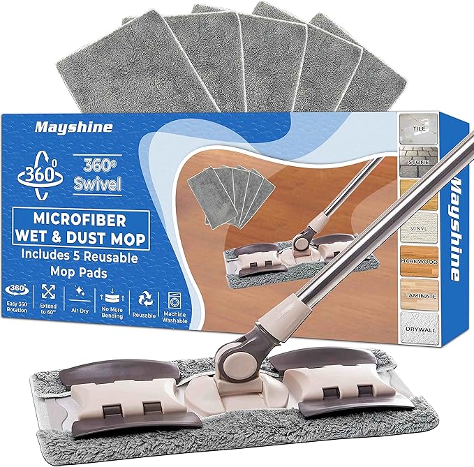 MAYSHINE Microfiber Hardwood Floor Wet and Dry Dust Mop w/ 5 Reusable Pads 360 Spin Mop System | Use on Wood Tile Laminate Vinyl and More | Flat Mop with 60 Extendable Stainless Steel Handle