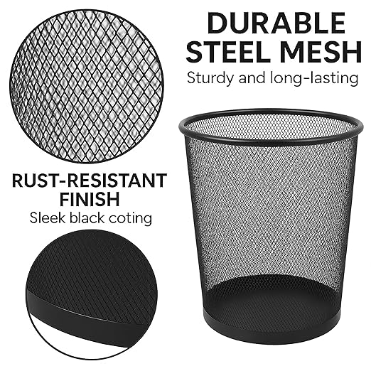 Creative Home 6 Pieces Steel Mesh Round Trashcan Light Weight Wastebasket for Trash Paper or Recycle in The Home Office Garage 10 Qt Black