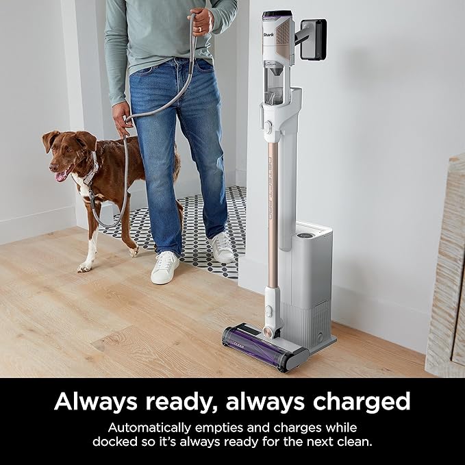 Shark IW3511 Detect Pro Auto-Empty System Cordless Vacuum with HEPA QuadClean Multi-Surface Brushroll 60-Minute Runtime Includes 8 Crevice Tool &amp Pet Multi-Tool White/Beats Brass (Renewed)