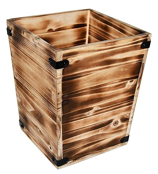 Owlgift Decorative Rustic Burnt Wood Trash Can Farmhouse Stylish Wooden Waste Basket Near Desk Square Garbage Cans Trashcan with Metal Brackets for Office Bedroom &amp Bathroom