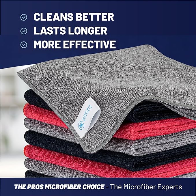 MW Pro Microfiber Cleaning Cloth | Black Red Gray (12 Pack) | Size 16 x 16 | All Purpose Microfiber Towels - Clean Dust Polish Scrub Absorbent
