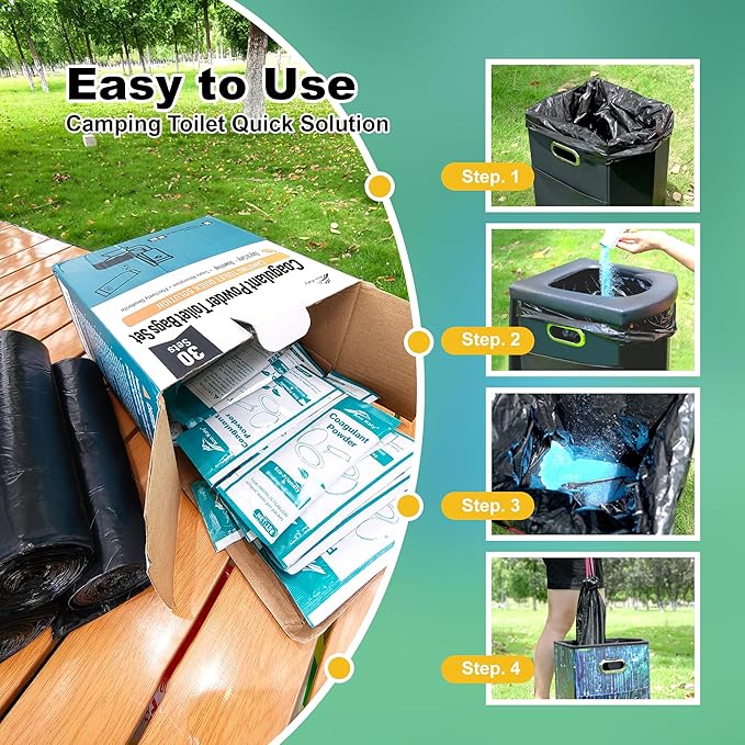 Super Absorbent Polymer 30 PacksPortable &amp Fast-Absorbing Camp Toilet Chemicals Gel with 5 Gallon Bucket Toilet Luggable Drawstring Bag Emergency Toilet Bag&ampPotty Gel