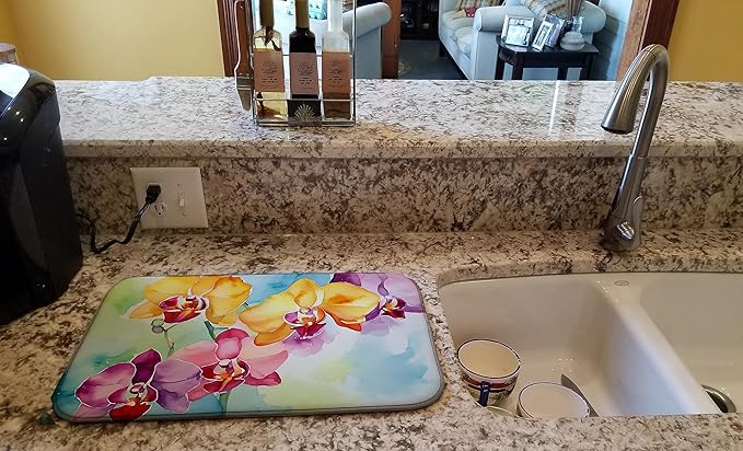 Caroline's Treasures DAC1599DDM Orchids in Watercolor Dish Drying Mat Absorbent Dish Drying Mat Pad for Kitchen Counter Dish Drainer Mat for Countertop 14 x 21 Multicolor