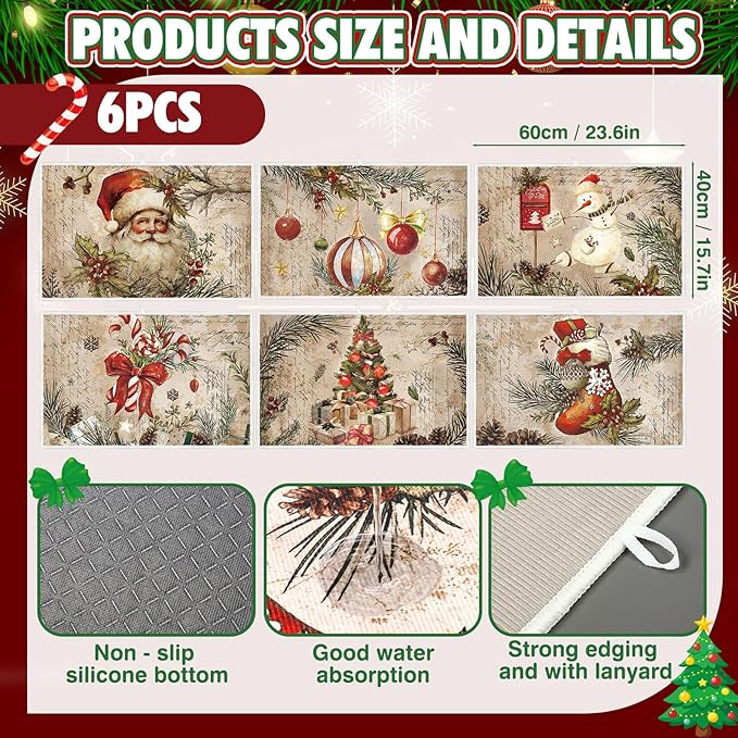 Meanplan Set of 6 Christmas Dish Drying Mats for Kitchen 24x 16 Retro Xmas Kitchen Accessories Santa Berries Rectangle Table Mats Washable Absorbent Drainer Draining Dry Pad for Christmas Home Decor