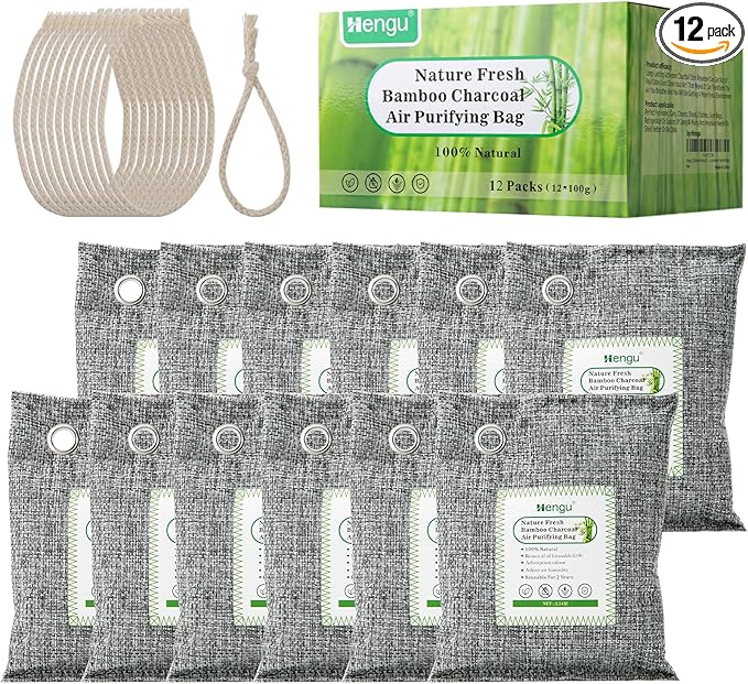 Activated Charcoal Odor Absorber (Large 12 Pack 100g each) Natural Charcoal Bags Odor Absorber Bamboo Charcoal Air Purifying Bag for Home Fridge Cabinet