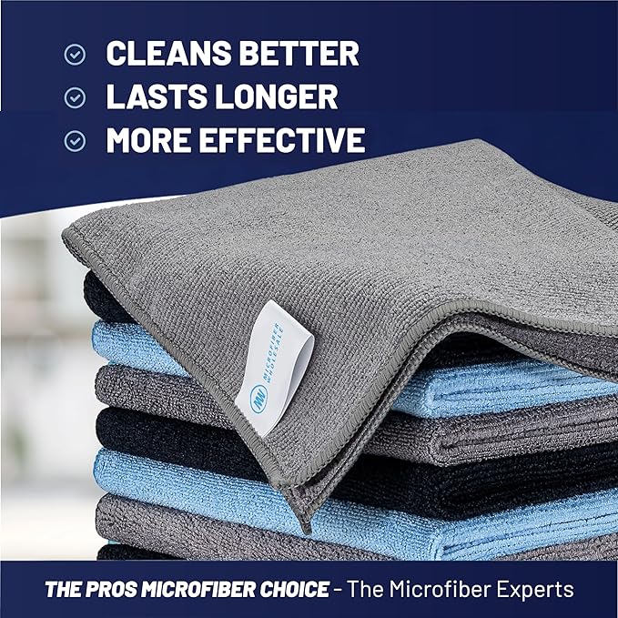 MW Pro Microfiber Cleaning Cloth | Black Gray Blue | 12 Pack | 16” x 16” | All Purpose Microfiber Towels - Clean Dust Polish Scrub Absorbent