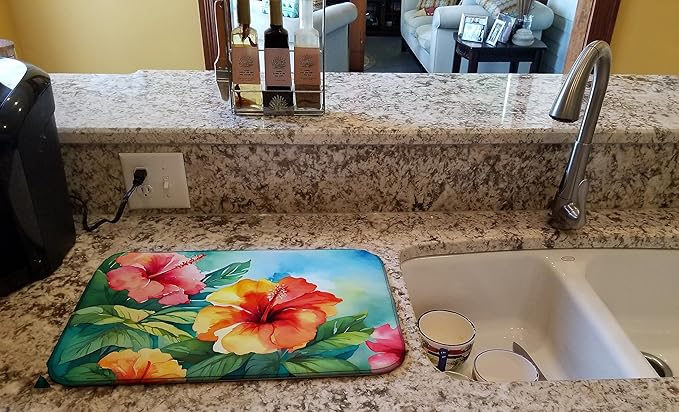 Caroline's Treasures DAC1641DDM Hawaii Hawaiian Hibiscus in Watercolor Dish Drying Mat Absorbent Dish Drying Mat Pad for Kitchen Counter Dish Drainer Mat for Countertop 14 x 21 Multicolor