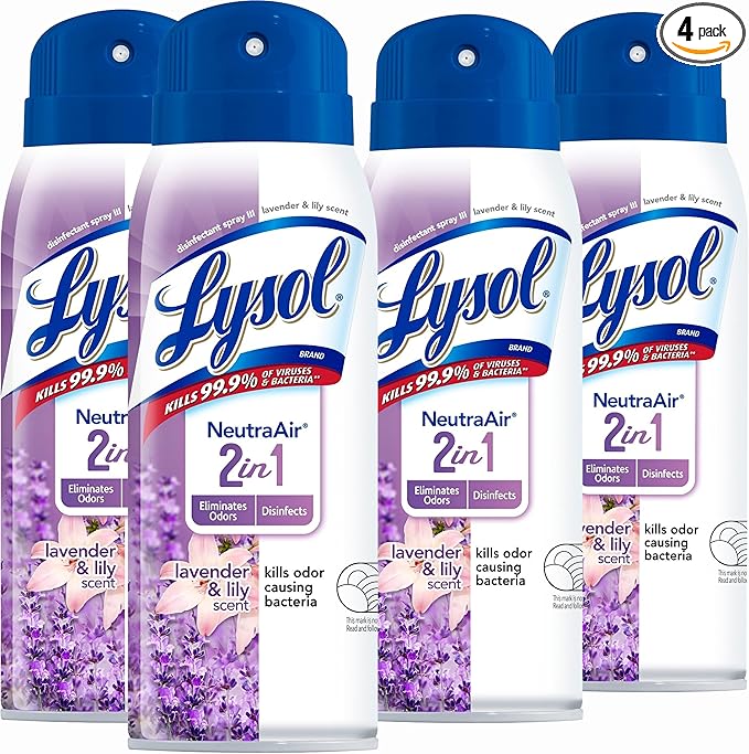 Lysol Neutra Air 2 in 1 Disinfectant Spray Lavender and Lily Scent Eliminates Odors 10 Ounces (Pack of 4)