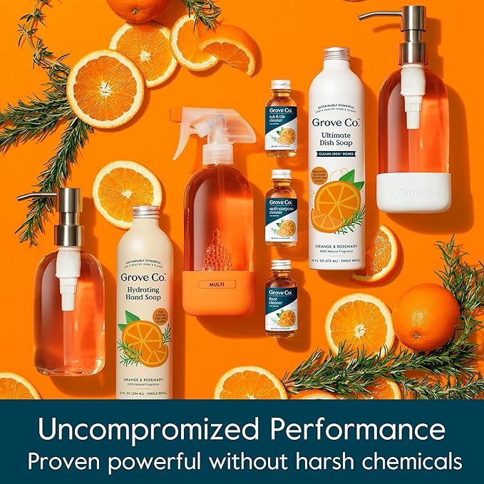 Grove Co. Multi-Purpose Cleaner Refill Concentrate (2 x 1 Oz) + Glass Spray Bottle (16 Oz) Plant-based Household Cleaning Supplies Bundle No Plastic Waste 100% Natural Orange &amp Rosemary Scent