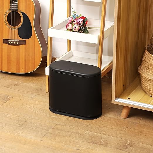 12L Black Slim Bathroom Trash Can with Press Top Lid3.17 Gallon Pet/Dog Proof Kitchen Trash CanThin Garbage CanCovered WastebasketNarrow Small Plastic Trashcan for Craft RoomBedroomOfficeDorm