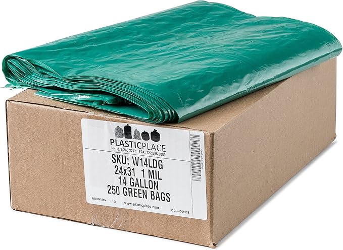 Plasticplace 12-16 Gallon Trash Bags │ 1.0 Mil │ Green Garbage Can Liners │ 24” x 31” (250 Count) W14LDG