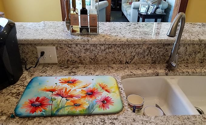 Caroline's Treasures DAC1573DDM Gerbera Daisies in Watercolor Dish Drying Mat Absorbent Dish Drying Mat Pad for Kitchen Counter Dish Drainer Mat for Countertop 14 x 21 Multicolor