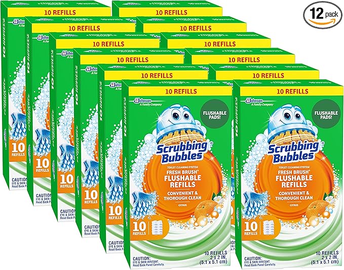Scrubbing Bubbles Flushable Toilet Bowl Wand Cleaner Refills Fresh Brush Cleaner Toilet Refill Pads Removes Limescale &amp Odors Citrus Scent 10 Count (Pack of 12)