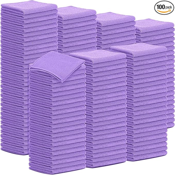 Tenare 100 Pack 12'' x 12'' Microfiber Cleaning Cloths Reusable Cleaning Rags Bulk Microfiber Towels Softer Highly Absorbent Washcloths for House Kitchen Car Window(Purple)