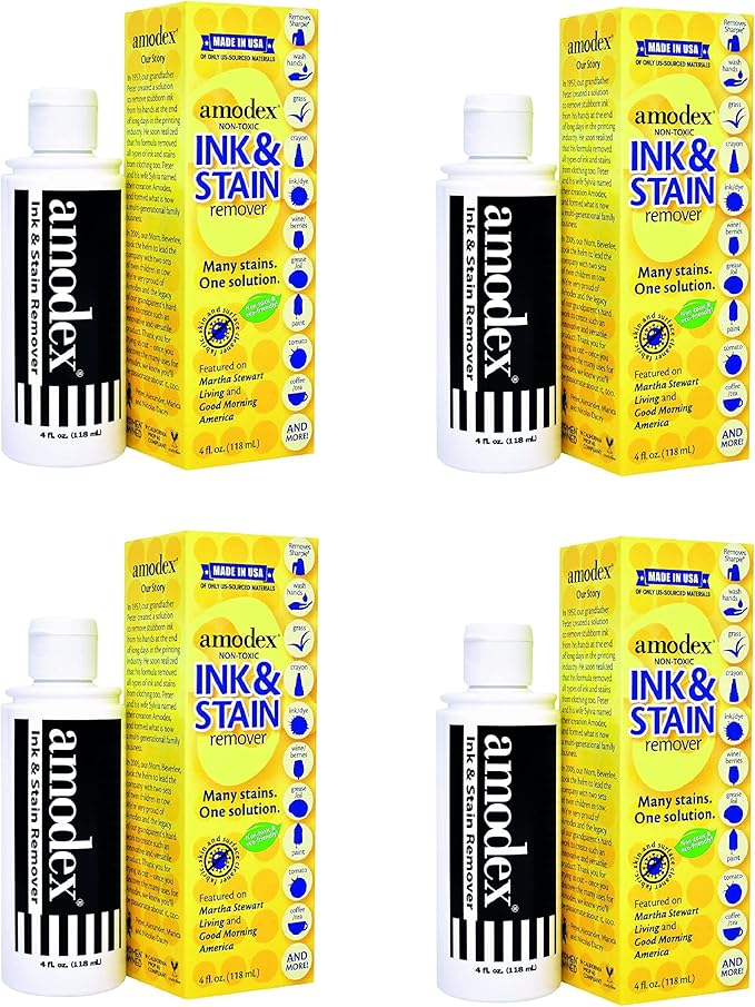 Amodex Ink and Stain Remover – Cleans Marker Ink Crayon Pen Makeup from Furniture Skin Clothing Fabric Leather - Liquid Solution - 4 fl oz Bottle - (Pack of 4)