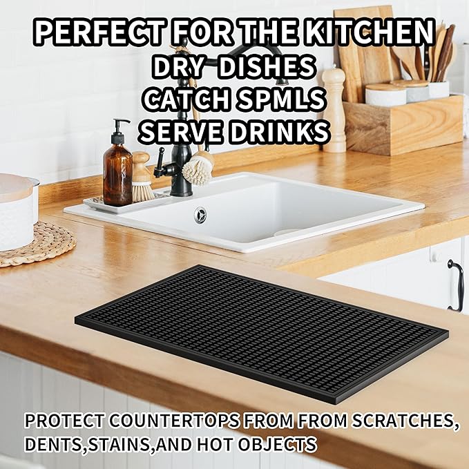 WAFT YEARN 18inX12in Bar Mat Dish Drying Mat Cocktail Service Spill Mats Bartending Countertop Kitchen Coffee Bar Silicone Non Slip Durable Flexible Absorbent Spill Resistant Rubber Heavy Duty Black