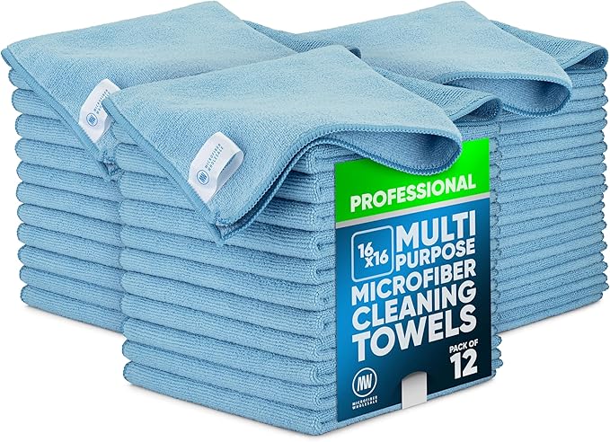 MW Pro Microfiber Cleaning Cloth | Blue | 36 Pack | 16” x 16” | All Purpose Microfiber Towels - Clean Dust Polish Scrub Absorbent