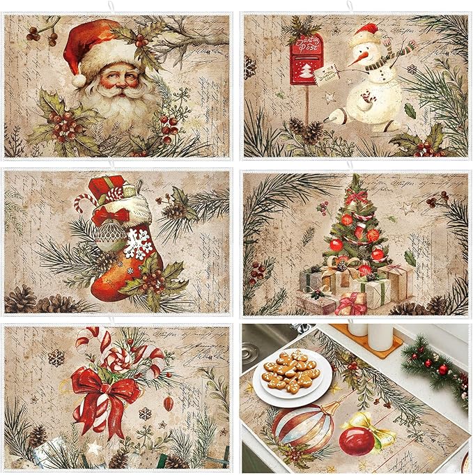 Meanplan Set of 6 Christmas Dish Drying Mats for Kitchen 24x 16 Retro Xmas Kitchen Accessories Santa Berries Rectangle Table Mats Washable Absorbent Drainer Draining Dry Pad for Christmas Home Decor