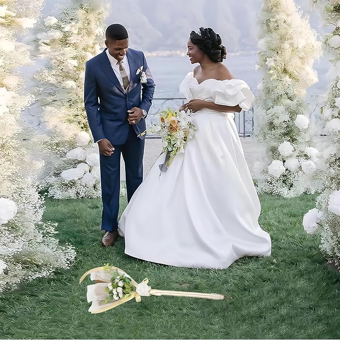 Wedding Broom African Jumping Ceremony Decorative Broom DIY Wedding Decor White Tulle Accents with Pearl Gold Ribbon Artificial Flower Bouquets