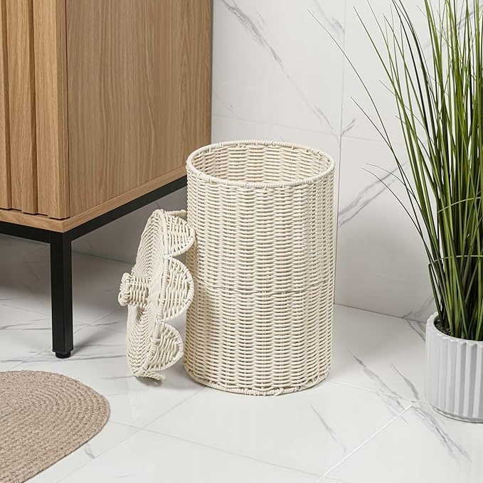 happimess HPM1408W Fern Modern Bohemian Resin 2.9-Gallon Cylinder Wicker Watebasket with Scalloped Lid White